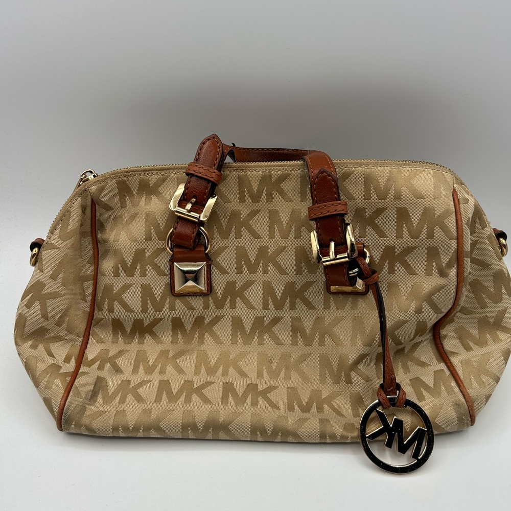Michael Kors Beige Monogram Satchel with Brown Leather Trim